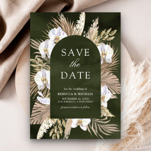 Reserva La Fecha Boho Pampas Boda verde oliva de orquídea blanca