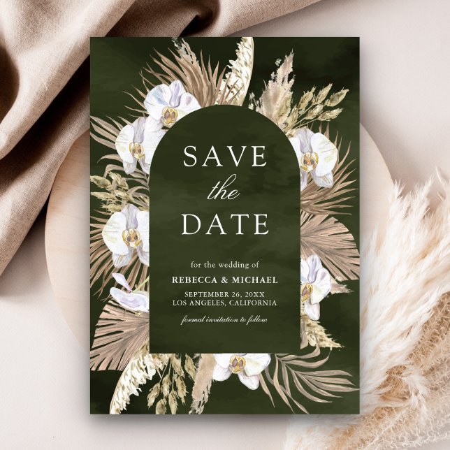 Reserva La Fecha Boho Pampas Boda verde oliva de orquídea blanca (Subido por el creador)