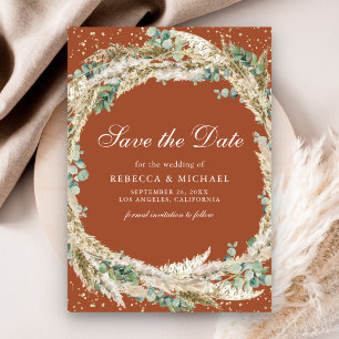 Reserva La Fecha Boho Pampas Eucalyptus Wreath Terracotta Boda