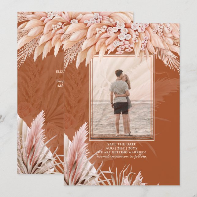 Reserva La Fecha BOHO Pampas Grass FOTO Terracotta Save the Date (Anverso / Reverso)