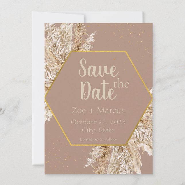 Reserva La Fecha Boho Pampas Grass Save the Date — Beige/Blush (Anverso)