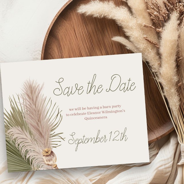 Reserva La Fecha Boho Pampas Grass Western Quinceanera (Save the Date from my Western Boho Quinceanera Collection - order printed or as printable download)