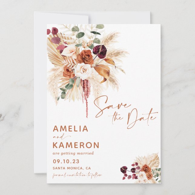 Reserva La Fecha Boho Pampas Save The Date Card (Anverso)