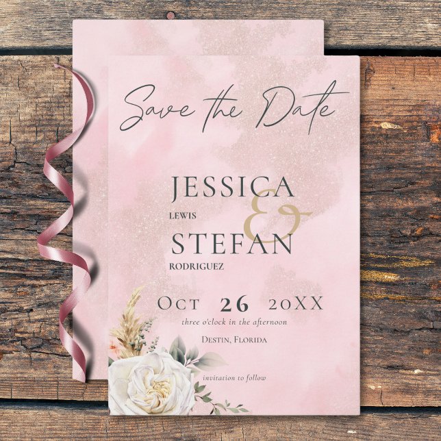 Reserva La Fecha Boho Pampas y Boda de rosas rosadas (Boho Pampas & Pink Roses Wedding Save The Date)