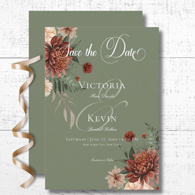 Reserva La Fecha Boho Peach & Rust Floral Sage Green Boda (Boho Peach & Rust Floral Sage Green Wedding Save The Date Card)