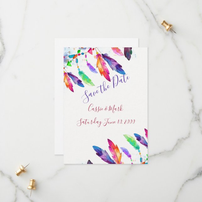 Reserva La Fecha Boho plumas personalizadas (Anverso/Reverso In Situ)