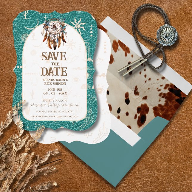Reserva La Fecha Boho Ranch Boda de cuero turquesa Guardar la fecha (Subido por el creador)