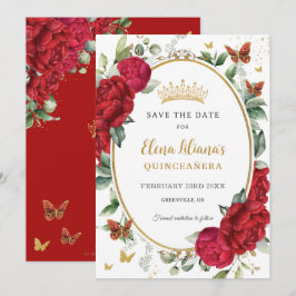 Reserva La Fecha Boho Red Peonies Floral Butterflies Quinceañera