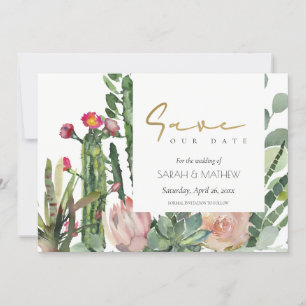 RESERVA LA FECHA BOHO ROSA FLORAL DESIERTO CACTUS FOLLAJE ACUARELA