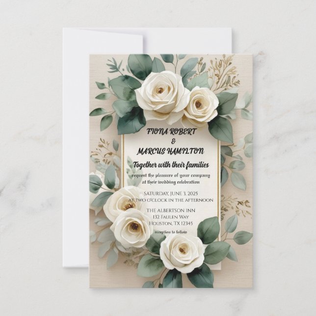 Reserva La Fecha Boho Rústico Floral Rosas Blancas y Lino Beige (Anverso)