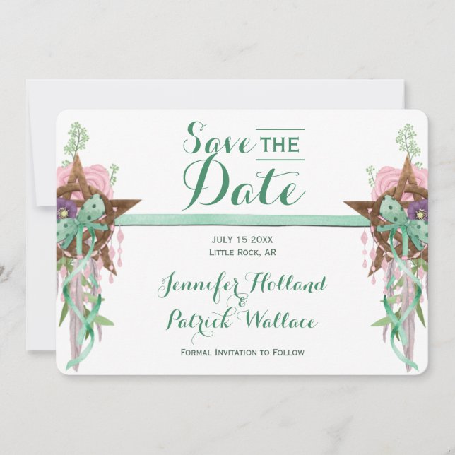 Reserva La Fecha Boho Sage & Pink Wicca Pentacle Handfasting (Anverso)