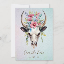 Reserva La Fecha Boho Spring Watercolor Floral Cow Skull Boda