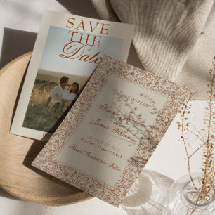 Reserva La Fecha Boho Terracota Floral Naranja Quemada Foto Boda