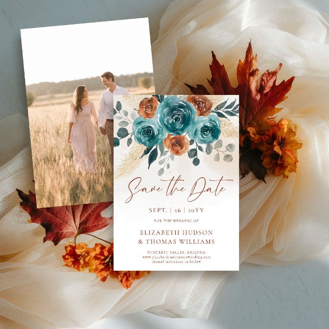Reserva La Fecha Boho Terracotta Boda Floral Salven la fecha (fall wedding save the date engagement photo teal burnt orange terracotta watercolor greenery foliage)
