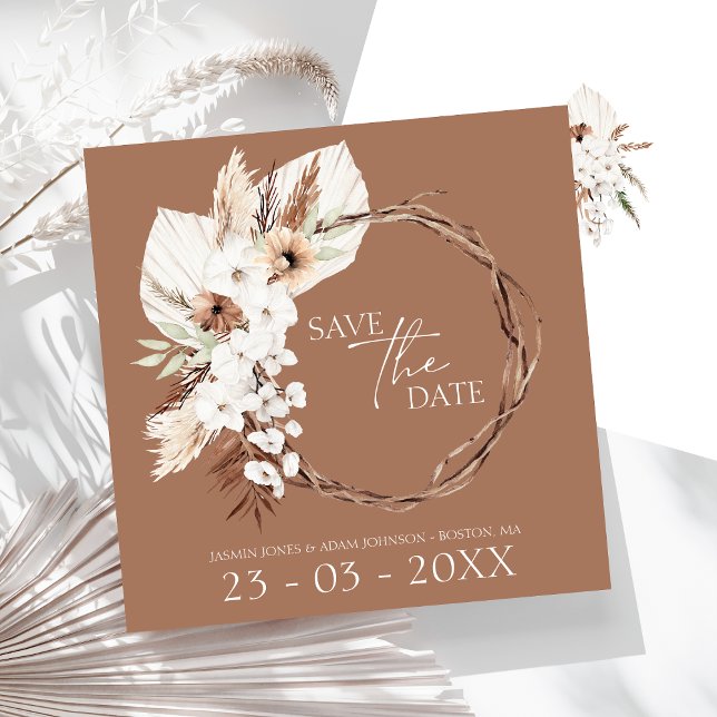 Reserva La Fecha Boho Terracotta Brown Dried Floral Wreath Boda (Boho Terracotta Brown Dried Floral Wreath Wedding Save The Date)