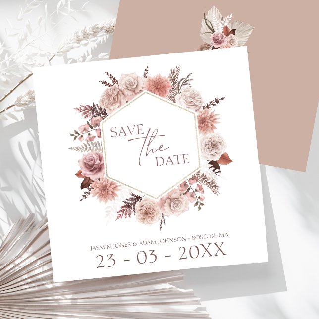 Reserva La Fecha Boho Terracotta Neutral Boda de la guirnalda flora (Boho Dusty Pink Dried Flowers Wreath Wedding Save The Date)
