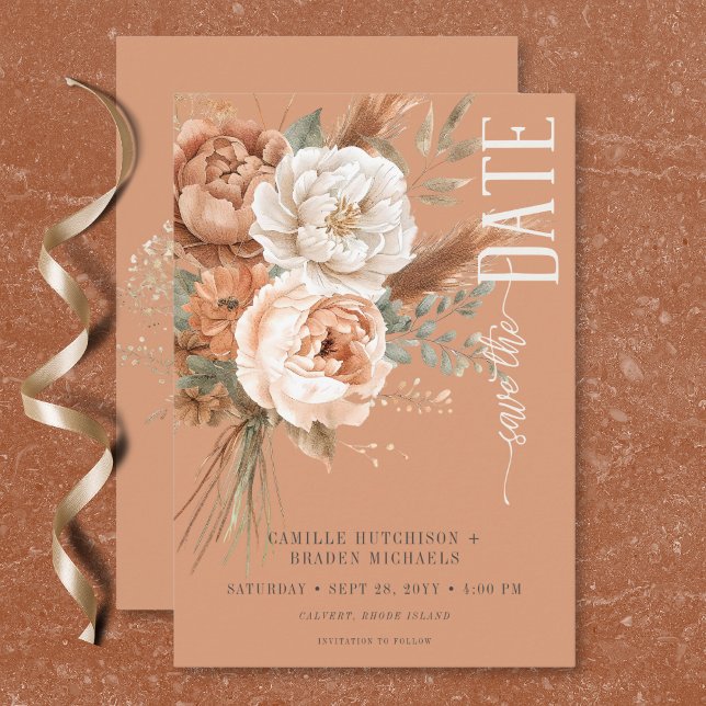 Reserva La Fecha Boho Terracotta Peach y Cream Floral Boda (Boho Terracotta Peach & Cream Floral Wedding Save The Date)
