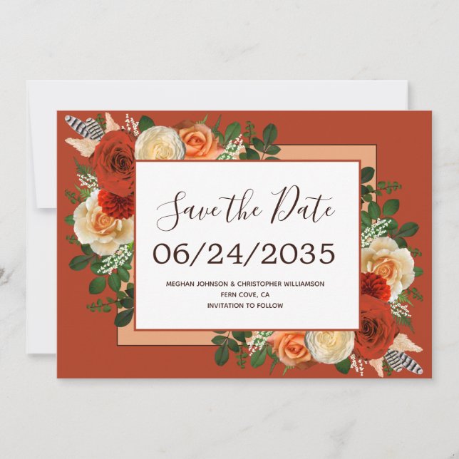 Reserva La Fecha Boho Terracotta Rust Floral Pampas Grass Boda (Anverso)