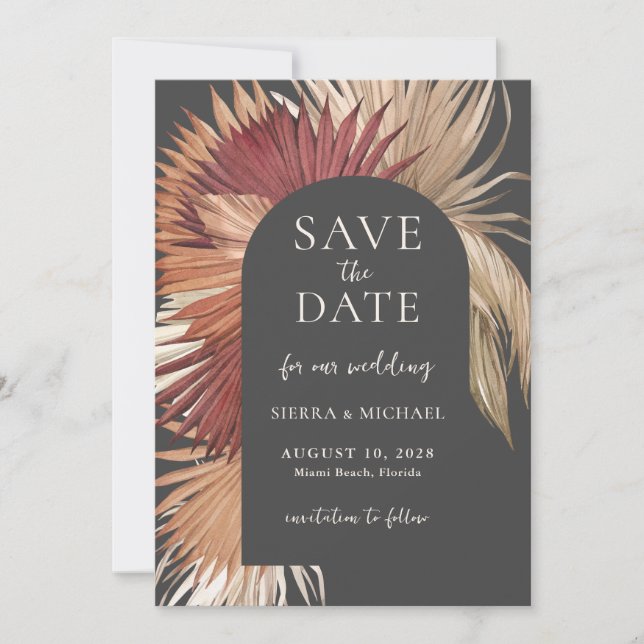 Reserva La Fecha Boho Tropical Fan Palms Wedding Save the Date (Anverso)