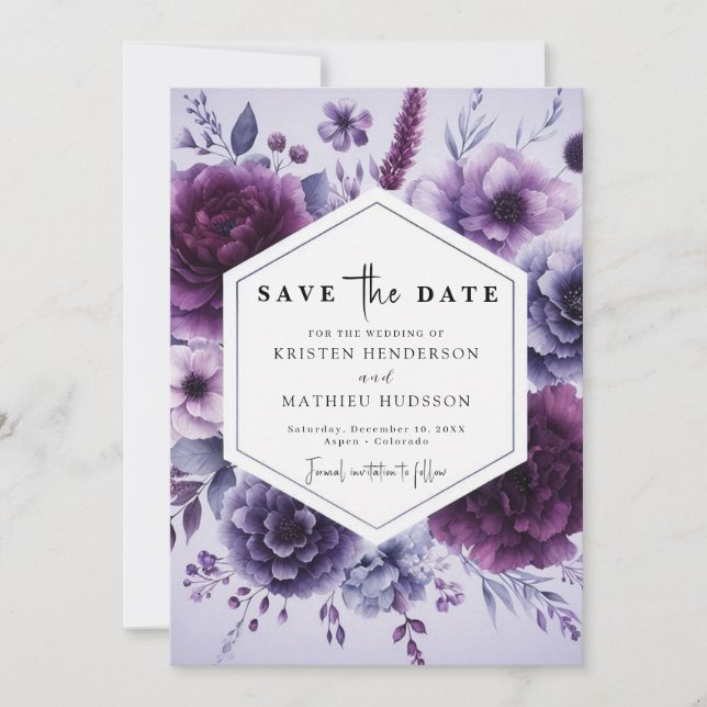 Reserva La Fecha Boho Typography Boda Purple Floral (Anverso)
