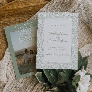 Reserva La Fecha Boho Verde Sage Floral Moderno Foto Boda