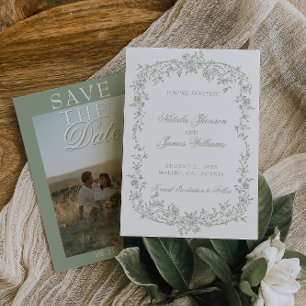 Reserva La Fecha Boho Verde Salvia Floral Foto Boda Guardar La