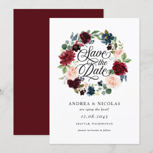 Reserva La Fecha Boho Watercolor Borgoña y Blue Floral Wreath