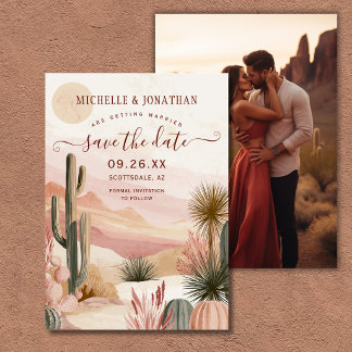 Reserva La Fecha Boho Watercolor Desert Cactus Wedding Photo