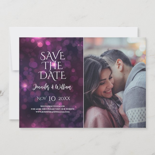 Reserva La Fecha Bokeh Purple Sparkle Design Wedding Save The Date (Anverso)