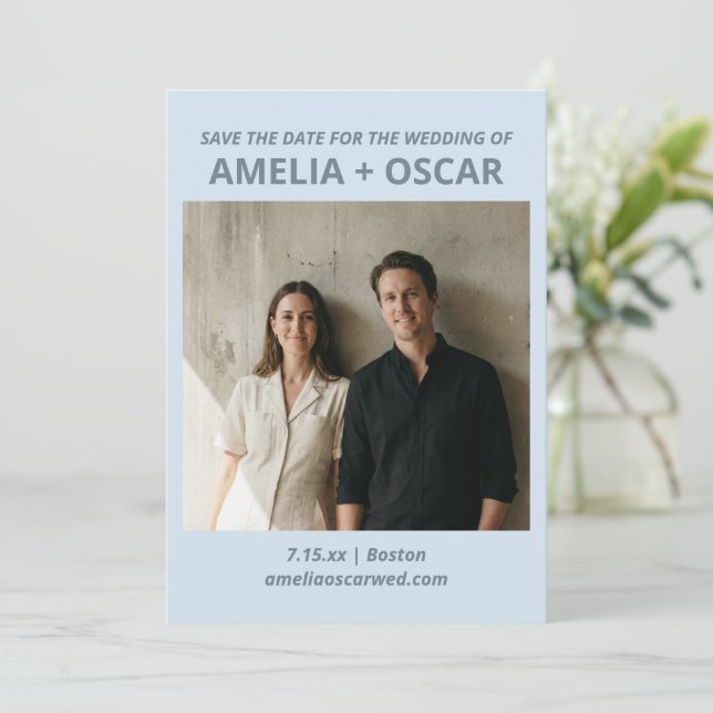 Reserva La Fecha Bold Soft Blue Photo Modern Typography Wedding (Anverso de pie)