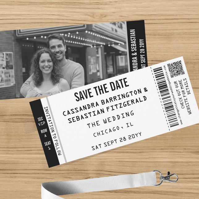 Reserva La Fecha Boleto de concierto moderno en blanco y negro foto (Concert Ticket Save the Date for Your Music Themed Wedding. Your photo on the back and QR code.)