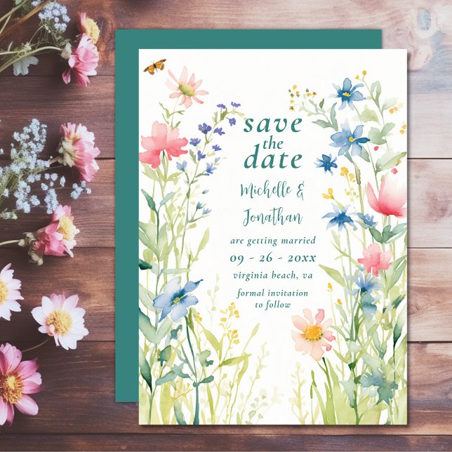 Reserva La Fecha Bonito acuarela Flores silvestres Boda Jardín (Pretty Watercolor Wildflowers Garden Wedding Save The Date)