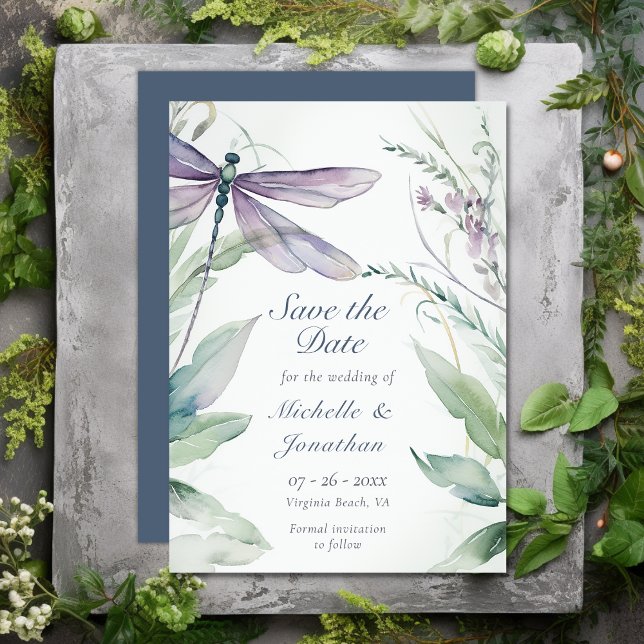 Reserva La Fecha Bonito Boda de la libélula acuarela y la vegetació (Pretty Watercolor Dragonfly and Greenery Wedding Save The Date)