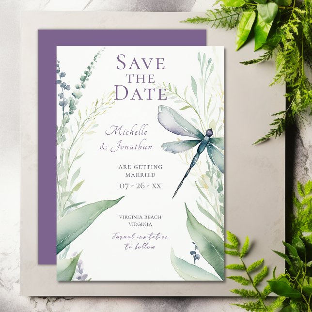 Reserva La Fecha Bonito Boda de la libélula acuarela y la vegetació (Pretty Watercolor Dragonfly and Greenery Wedding Save The Date)