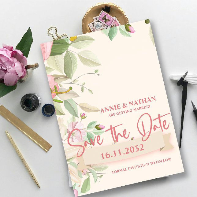Reserva La Fecha Bonito Boda Floral Rosa Rubor Guardar la fecha (Pretty Blush Pink Floral Wedding Save the Date Invitation)
