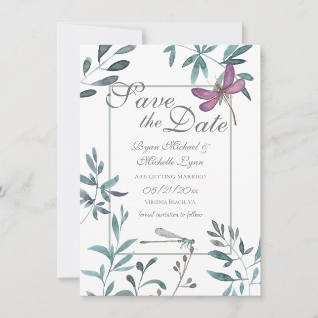 Reserva La Fecha Bonito Dragonfly Garden Greeneration on White Boda (Anverso)