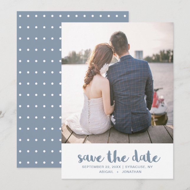 Reserva La Fecha Bonito Polka azul turbulento puntos Boda de fotos (Anverso / Reverso)