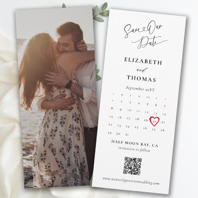 Reserva La Fecha Bookmark Calendar Heart Modern Calligraphy Wedding (bookmark wedding save the date card photo qr code calendar red heart modern elegant calligraphy)