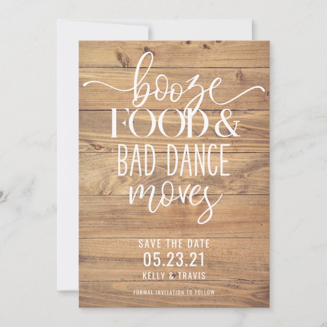 Reserva La Fecha Booze Food and Bad Dance mueve Boda (Anverso)