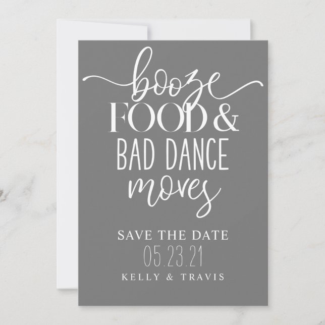 Reserva La Fecha Booze Food and Bad Dance mueve Boda (Anverso)