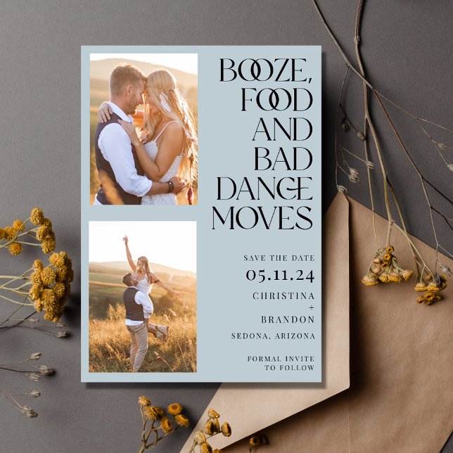 Reserva La Fecha Booze Food Bad Dance mueve la foto moderna (Booze Food Bad Dance Moves Photo Modern Save The Date)