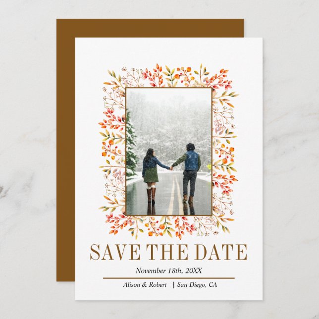 Reserva La Fecha Borde de hojas y bayas boda marrón (Anverso / Reverso)