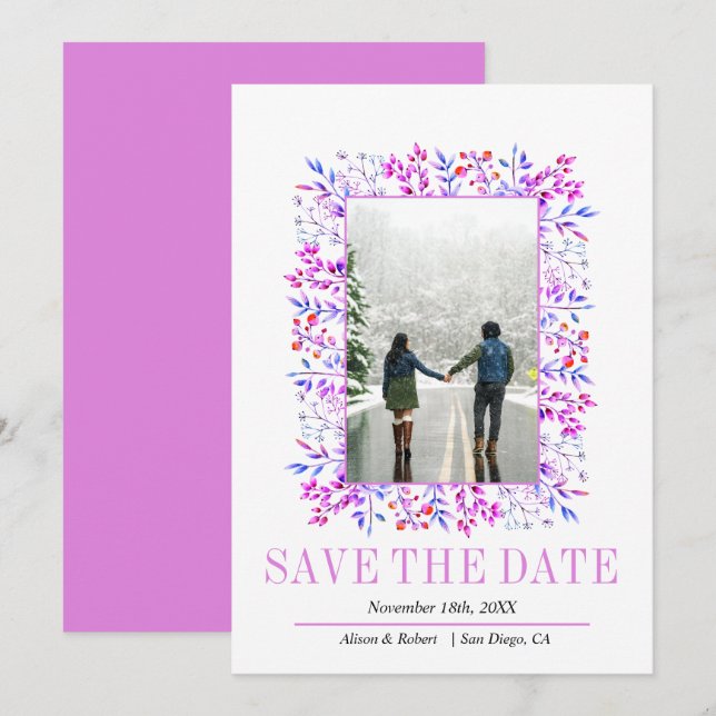 Reserva La Fecha Borde de hojas y bayas boda púrpura (Anverso / Reverso)