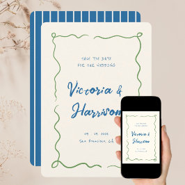 Reserva La Fecha Borde de ondulación ondulada de la mano azul de la