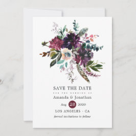 Reserva La Fecha Bordo Violeta Ciruela Acuarela Floral Boda