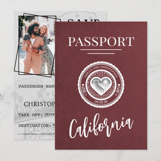 Reserva La Fecha Borgoña, California Passport Save the Date (Anverso / Reverso)