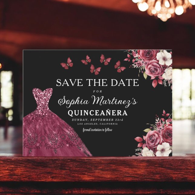 Reserva La Fecha Borgoña floral salva la fecha cumpleaños Quinceane (Subido por el creador)