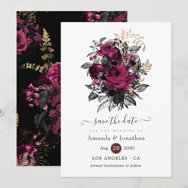 Reserva La Fecha Borgoña - Marsala y Boda floral de oro (Anverso / Reverso)
