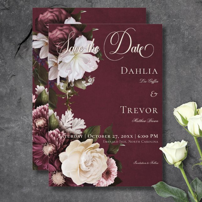Reserva La Fecha Borgoña oscura y Boda floral crema (Dark Elegant Burgundy & Cream Floral Wedding Save The Date)