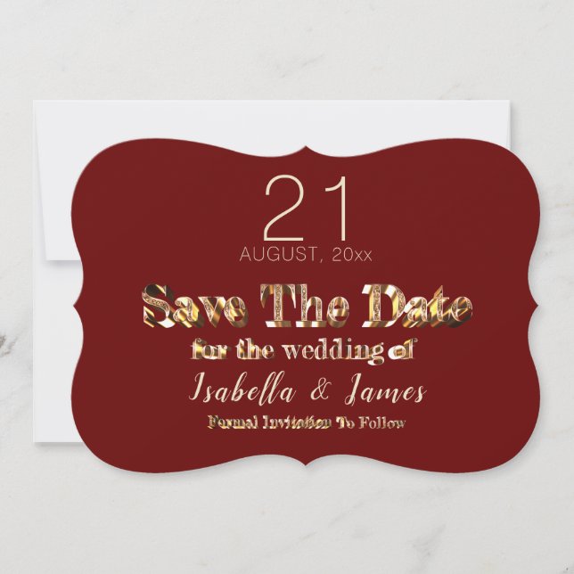 Reserva La Fecha Borgoña Red Gold Script Wedding Save The Date (Anverso)